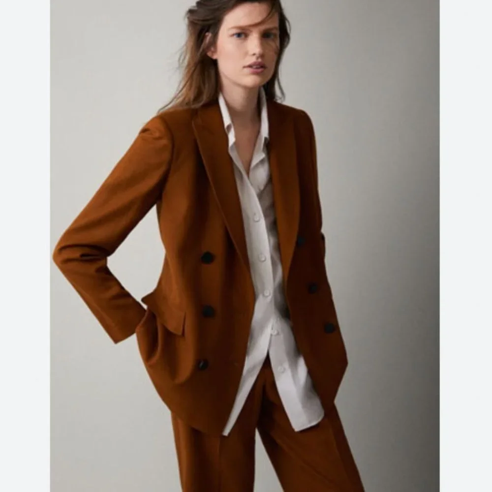 ❌SOLD ❌MASSIMO Dutti Double Breasted Wool Blazer Brown size 10 - Picture 2 of 11